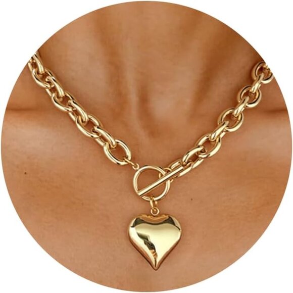 Gold chunky chain necklace with puffy heart pendant, 19-inch polished gold brass - Picture 1 of 8